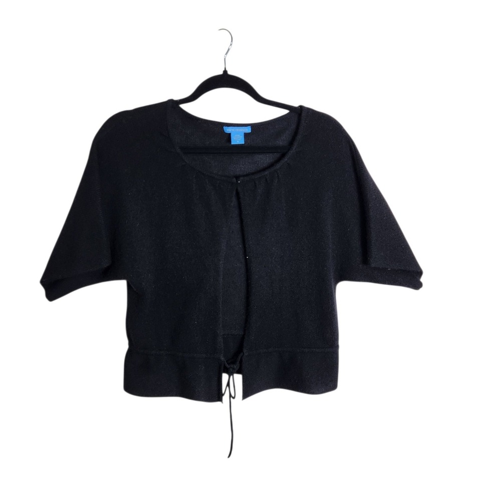 White + Warren Black 100% Cashmere Cropped Shrug Cardigan Tie Front Small